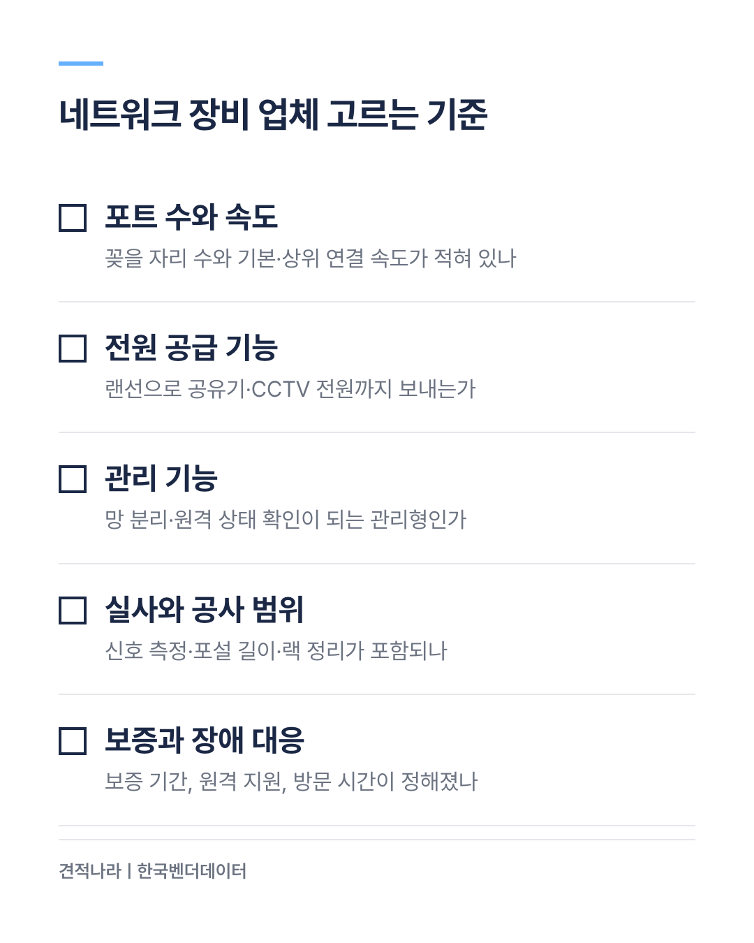네트워크 장비 업체 고르는 기준 다섯 가지 — 포트 수와 속도, 전원 공급 기능, 관리 기능, 현장 실사와 공사 범위, 보증과 장애 대응
